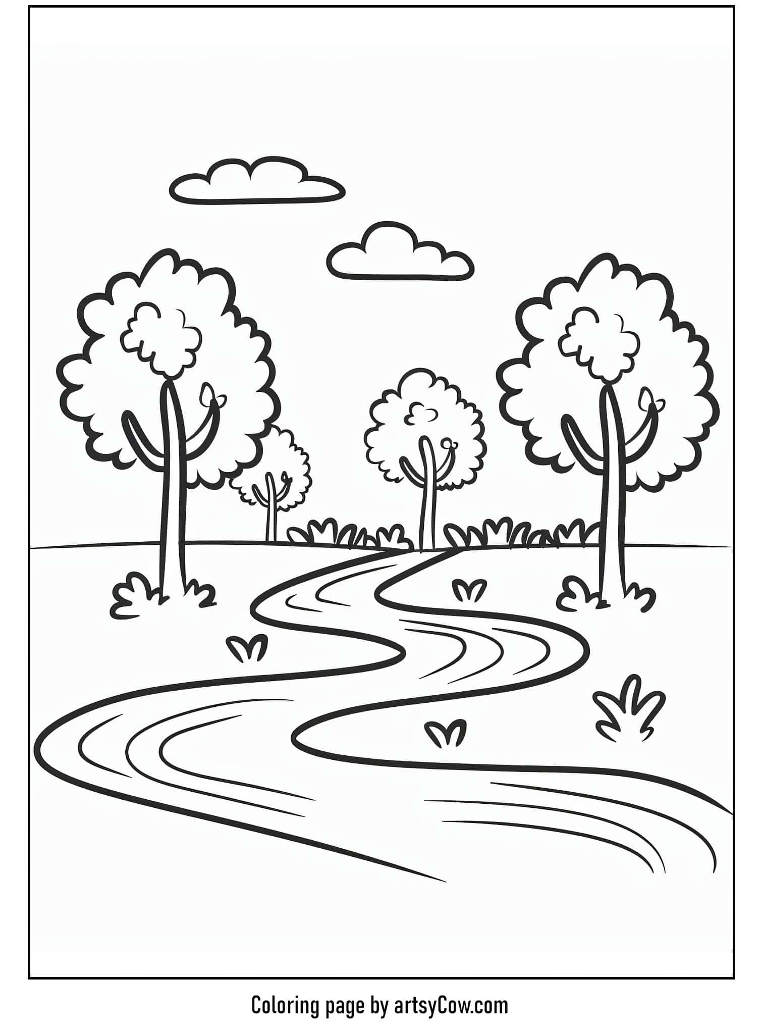 Peaceful River Amidst Lush Trees Coloring Page